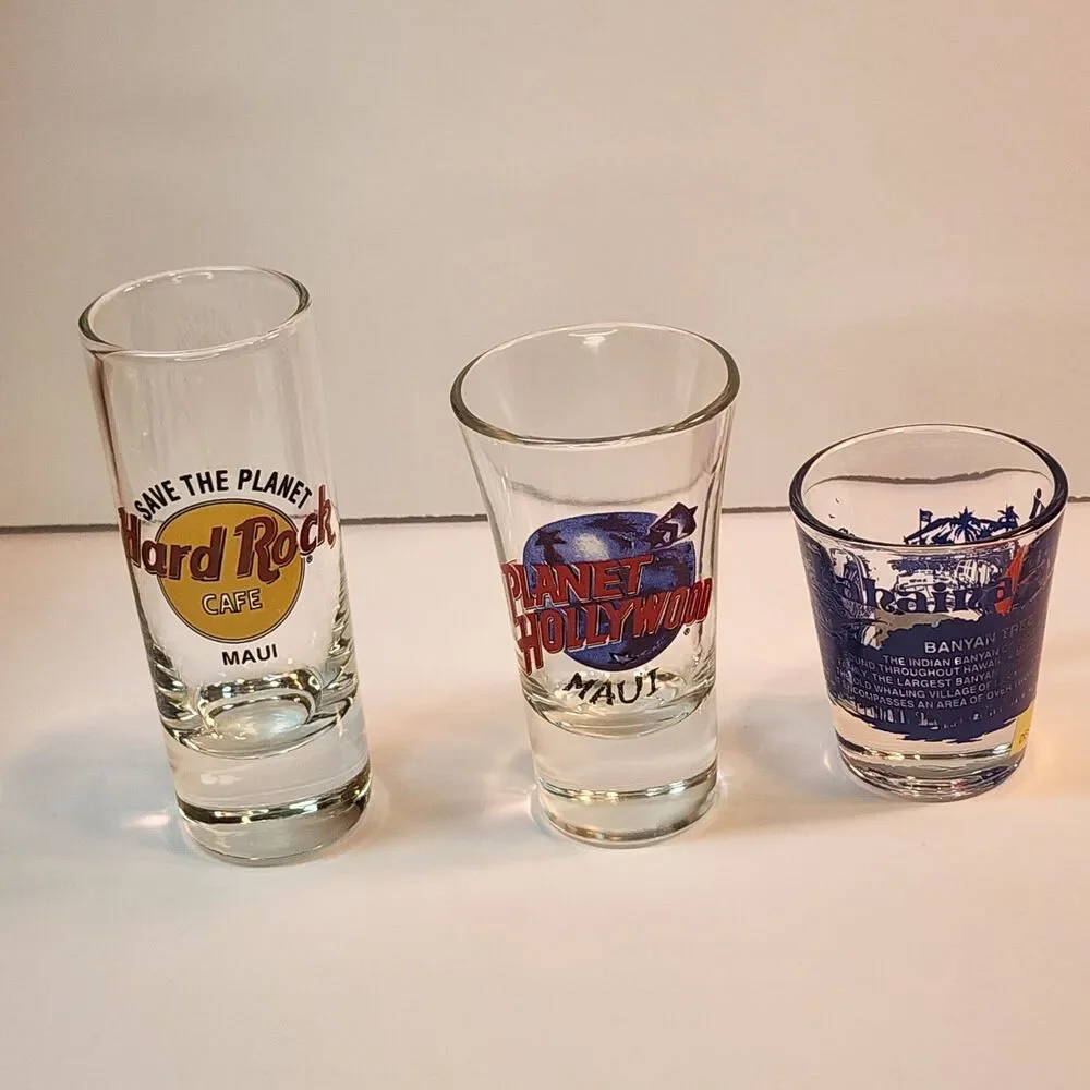 Vintage Maui Hawaii Shot Glass Lot - Hard Rock Cafe & Planet Hollywood Shooters